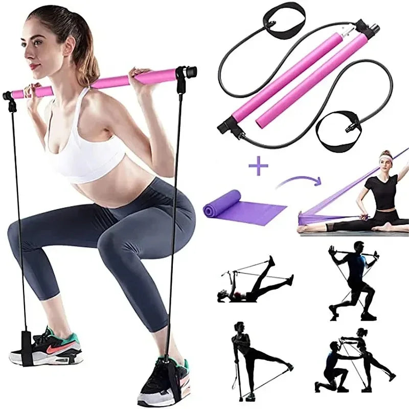Multifunctional Pilates Bar Combination Fitness Bar Yoga Chest Expansion Tension Rope Back Trainer Elastic Rope Stretching Belt