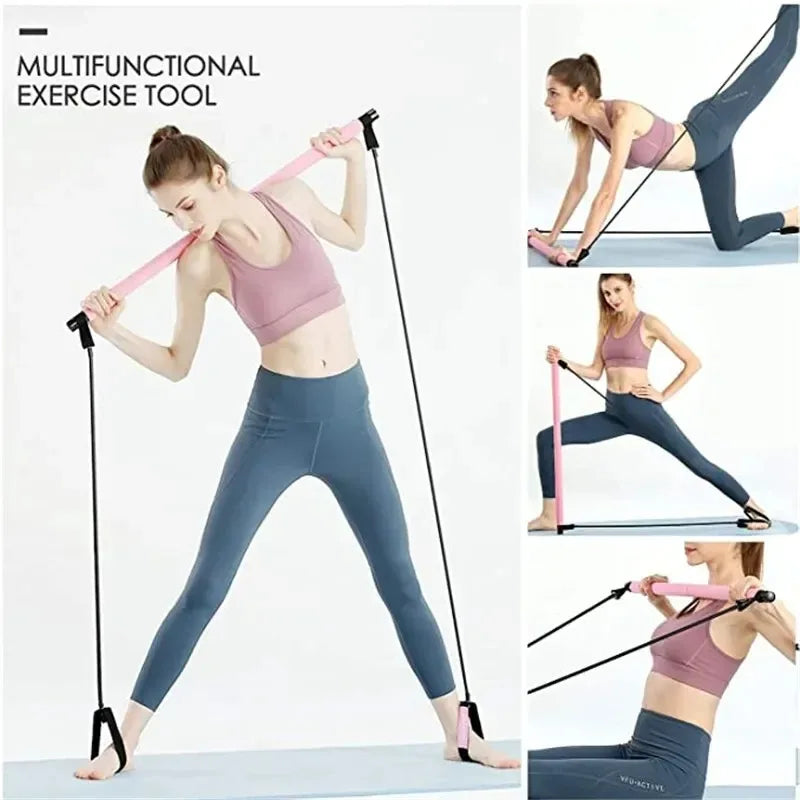 Multifunctional Pilates Bar Combination Fitness Bar Yoga Chest Expansion Tension Rope Back Trainer Elastic Rope Stretching Belt