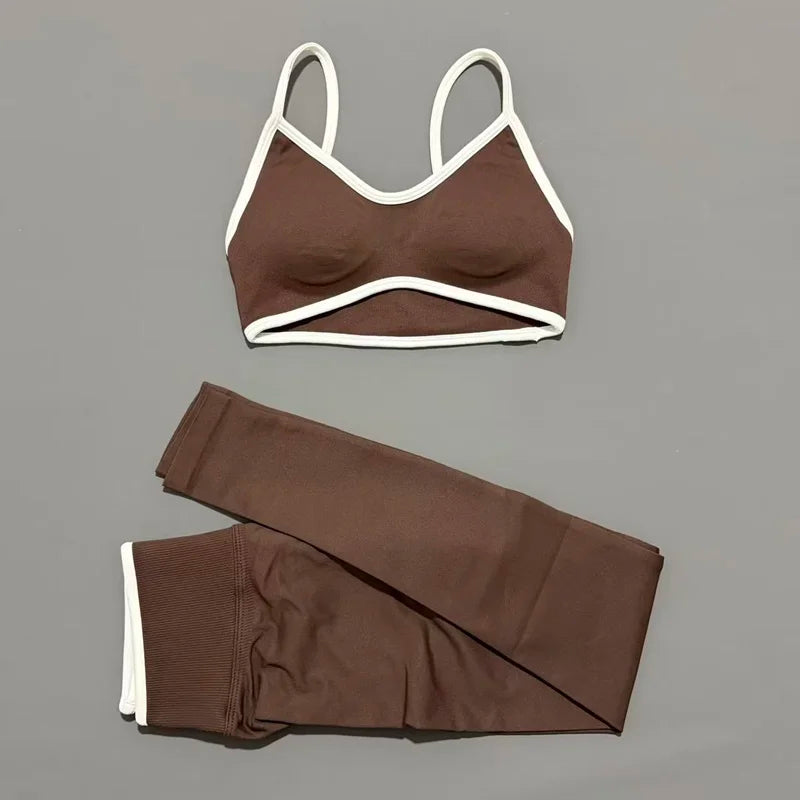 2Pcs HISTELLO Women's Seamless Yoga Fitness Set Ignite Sculpt Scrunch Leggings Strappy Halter Bra Gym Sports Fitness Outfit