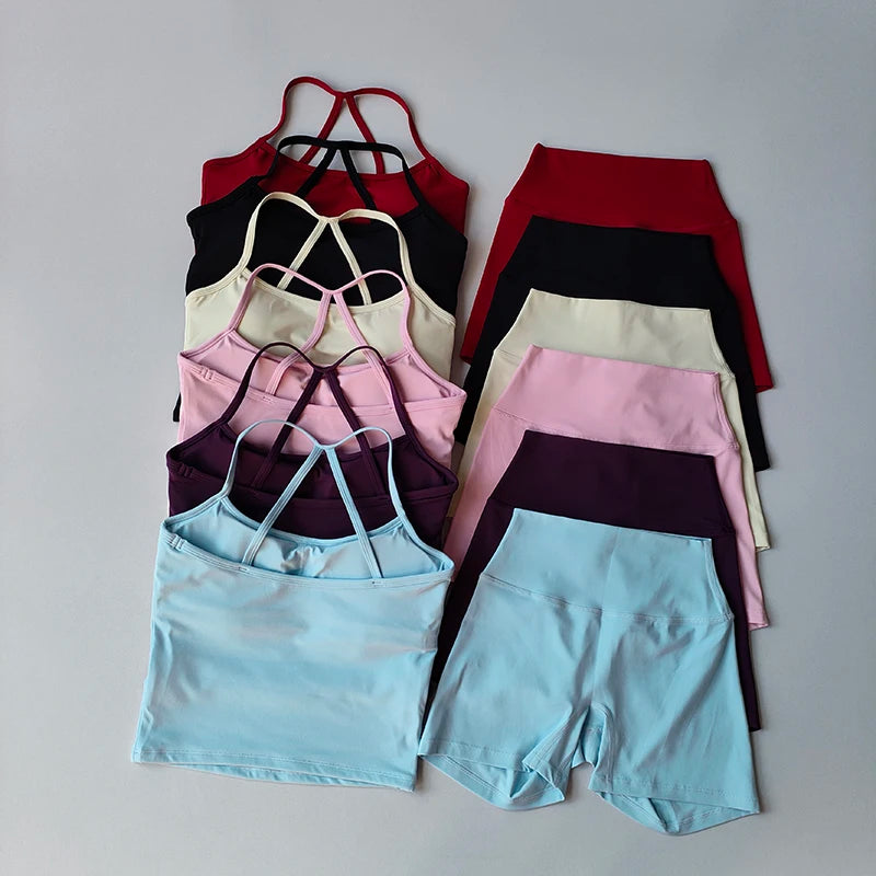 Fitness Gym Set Women 2 Piece Sets Halter Neck Tank Tops High Waist Scrunch Seamless Shorts Sport Suit Sportswear Workout Set