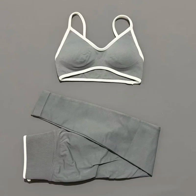 2Pcs HISTELLO Women's Seamless Yoga Fitness Set Ignite Sculpt Scrunch Leggings Strappy Halter Bra Gym Sports Fitness Outfit