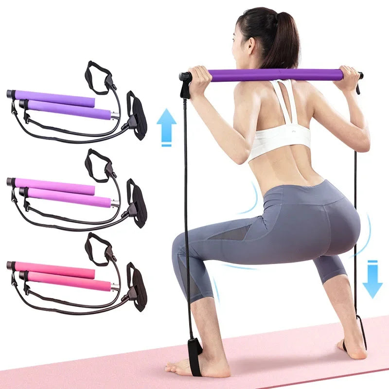 Multifunctional Pilates Bar Combination Fitness Bar Yoga Chest Expansion Tension Rope Back Trainer Elastic Rope Stretching Belt