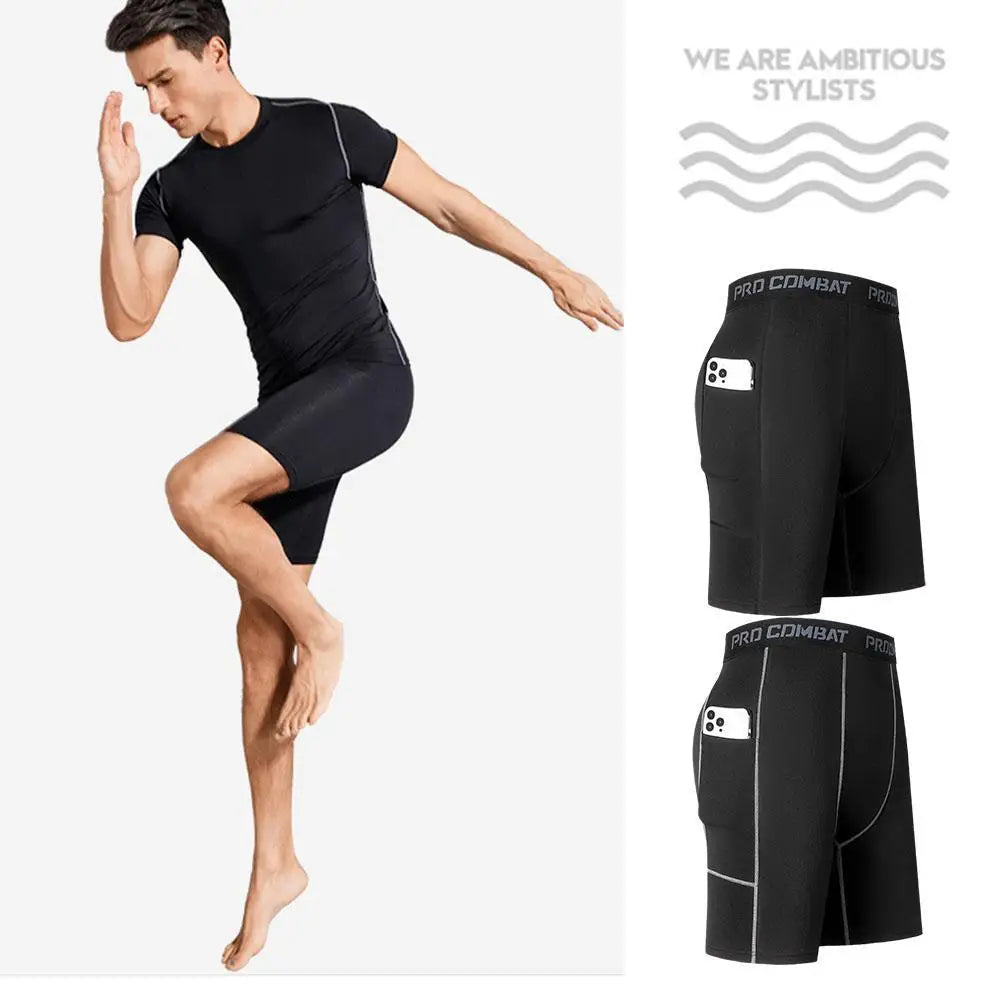 High Performance Men's Compression Shorts With Pocket - Quick Dry Breathable Stretchy Base Layer For Cycling Sports Gym