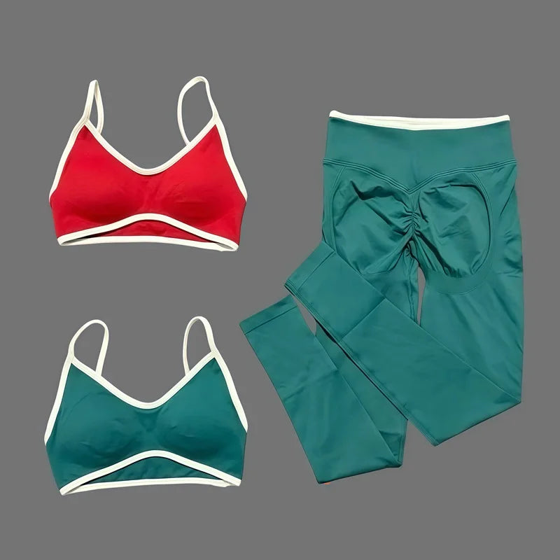 2Pcs HISTELLO Women's Seamless Yoga Fitness Set Ignite Sculpt Scrunch Leggings Strappy Halter Bra Gym Sports Fitness Outfit