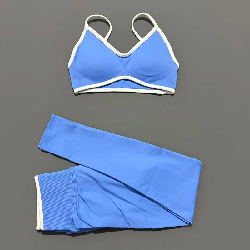 2Pcs HISTELLO Women's Seamless Yoga Fitness Set Ignite Sculpt Scrunch Leggings Strappy Halter Bra Gym Sports Fitness Outfit