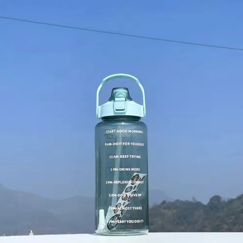 2 Liters Straw Plastic Water Bottle Large Portable Travel Bottle Sports Fitness Cup High Value Big Fat Cup Adult Universal