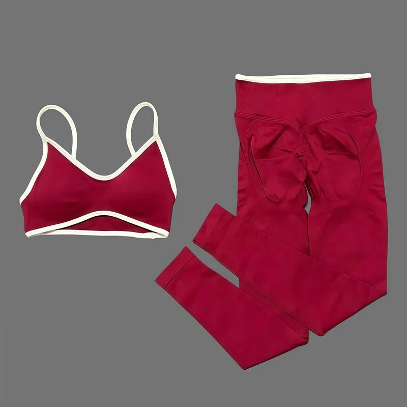 2Pcs HISTELLO Women's Seamless Yoga Fitness Set Ignite Sculpt Scrunch Leggings Strappy Halter Bra Gym Sports Fitness Outfit