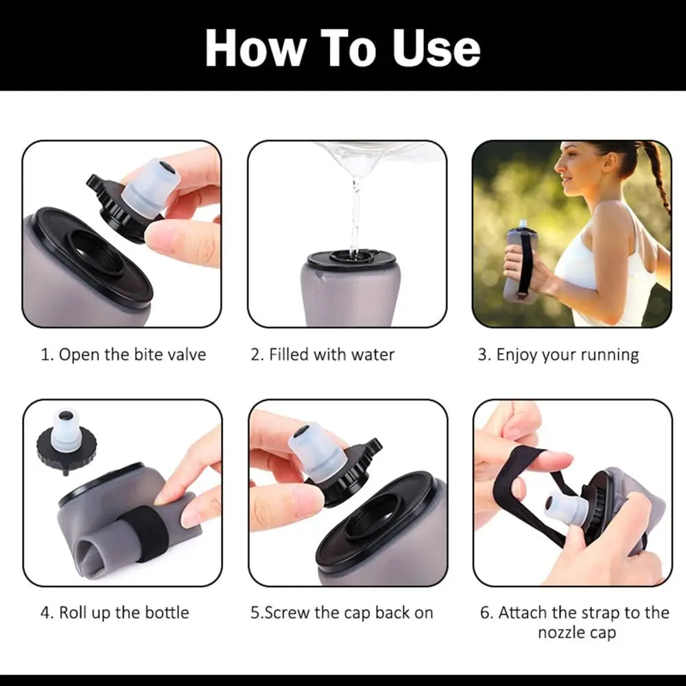 Handheld Collapsible Cycling Bottle 350ml Capacity Wide Mouth Hydration Bottle Silicone Soft Flask Gym