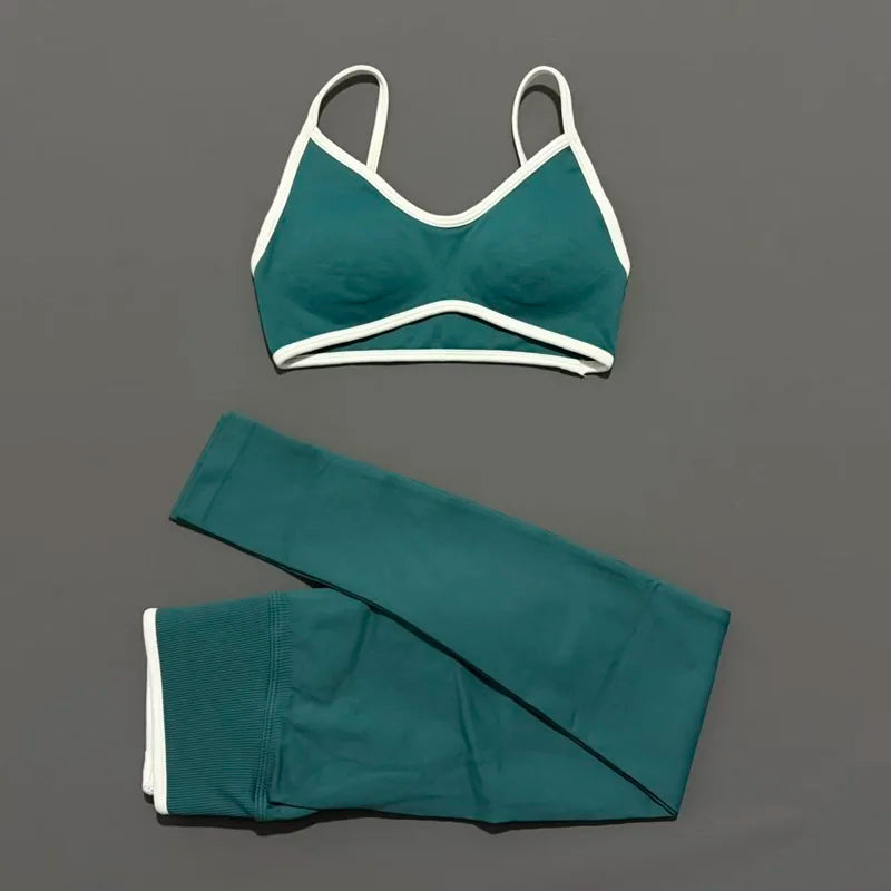 2Pcs HISTELLO Women's Seamless Yoga Fitness Set Ignite Sculpt Scrunch Leggings Strappy Halter Bra Gym Sports Fitness Outfit