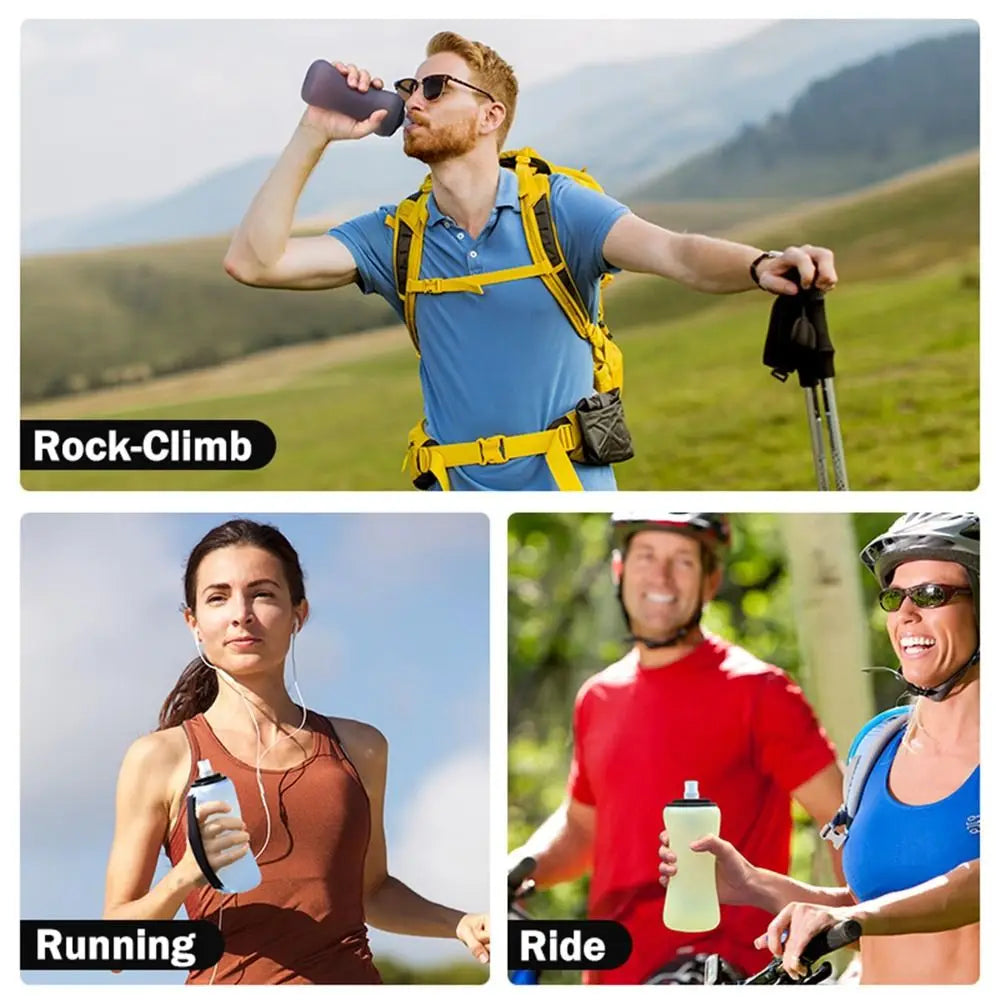 Handheld Collapsible Cycling Bottle 350ml Capacity Wide Mouth Hydration Bottle Silicone Soft Flask Gym