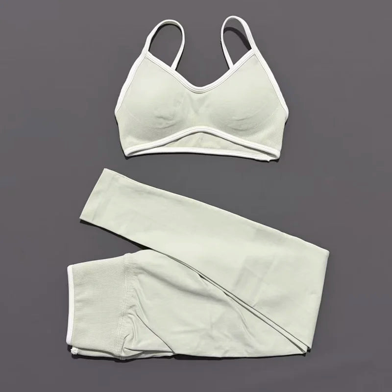 2Pcs HISTELLO Women's Seamless Yoga Fitness Set Ignite Sculpt Scrunch Leggings Strappy Halter Bra Gym Sports Fitness Outfit