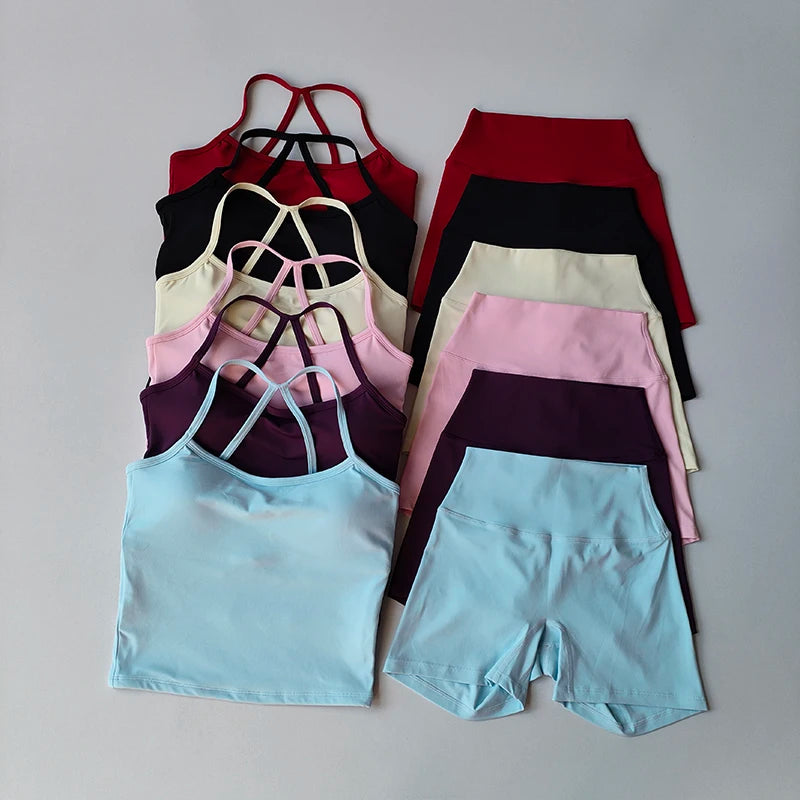 Fitness Gym Set Women 2 Piece Sets Halter Neck Tank Tops High Waist Scrunch Seamless Shorts Sport Suit Sportswear Workout Set