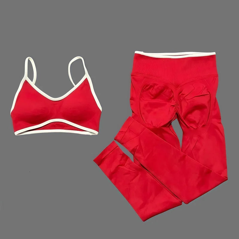 2Pcs HISTELLO Women's Seamless Yoga Fitness Set Ignite Sculpt Scrunch Leggings Strappy Halter Bra Gym Sports Fitness Outfit