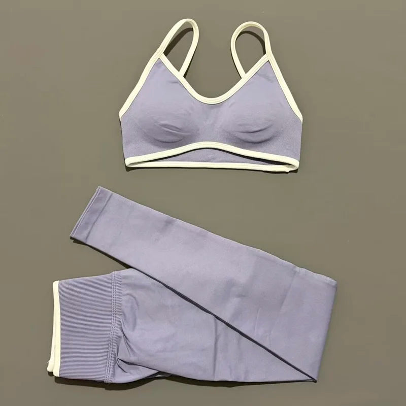 2Pcs HISTELLO Women's Seamless Yoga Fitness Set Ignite Sculpt Scrunch Leggings Strappy Halter Bra Gym Sports Fitness Outfit