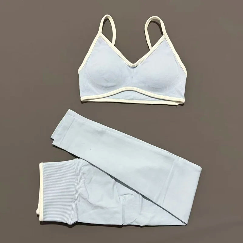 2Pcs HISTELLO Women's Seamless Yoga Fitness Set Ignite Sculpt Scrunch Leggings Strappy Halter Bra Gym Sports Fitness Outfit