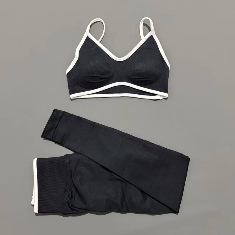 2Pcs HISTELLO Women's Seamless Yoga Fitness Set Ignite Sculpt Scrunch Leggings Strappy Halter Bra Gym Sports Fitness Outfit
