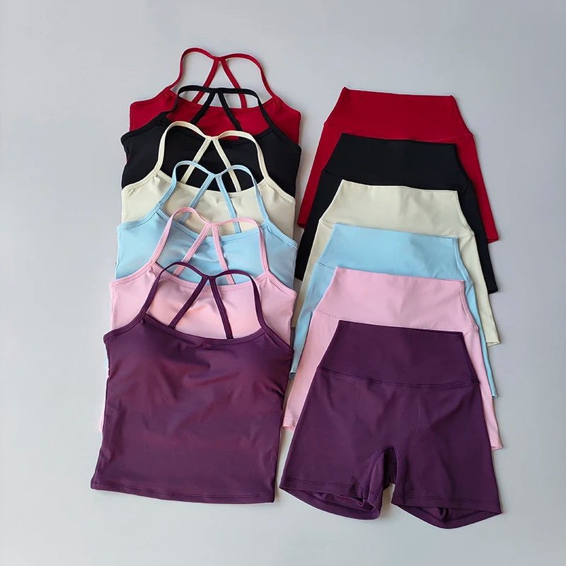 Fitness Gym Set Women 2 Piece Sets Halter Neck Tank Tops High Waist Scrunch Seamless Shorts Sport Suit Sportswear Workout Set
