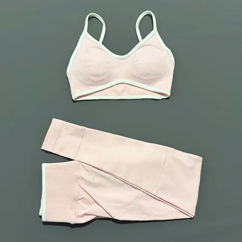 2Pcs HISTELLO Women's Seamless Yoga Fitness Set Ignite Sculpt Scrunch Leggings Strappy Halter Bra Gym Sports Fitness Outfit