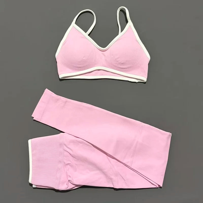 2Pcs HISTELLO Women's Seamless Yoga Fitness Set Ignite Sculpt Scrunch Leggings Strappy Halter Bra Gym Sports Fitness Outfit