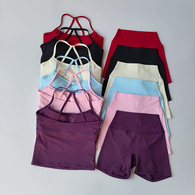 Fitness Gym Set Women 2 Piece Sets Halter Neck Tank Tops High Waist Scrunch Seamless Shorts Sport Suit Sportswear Workout Set